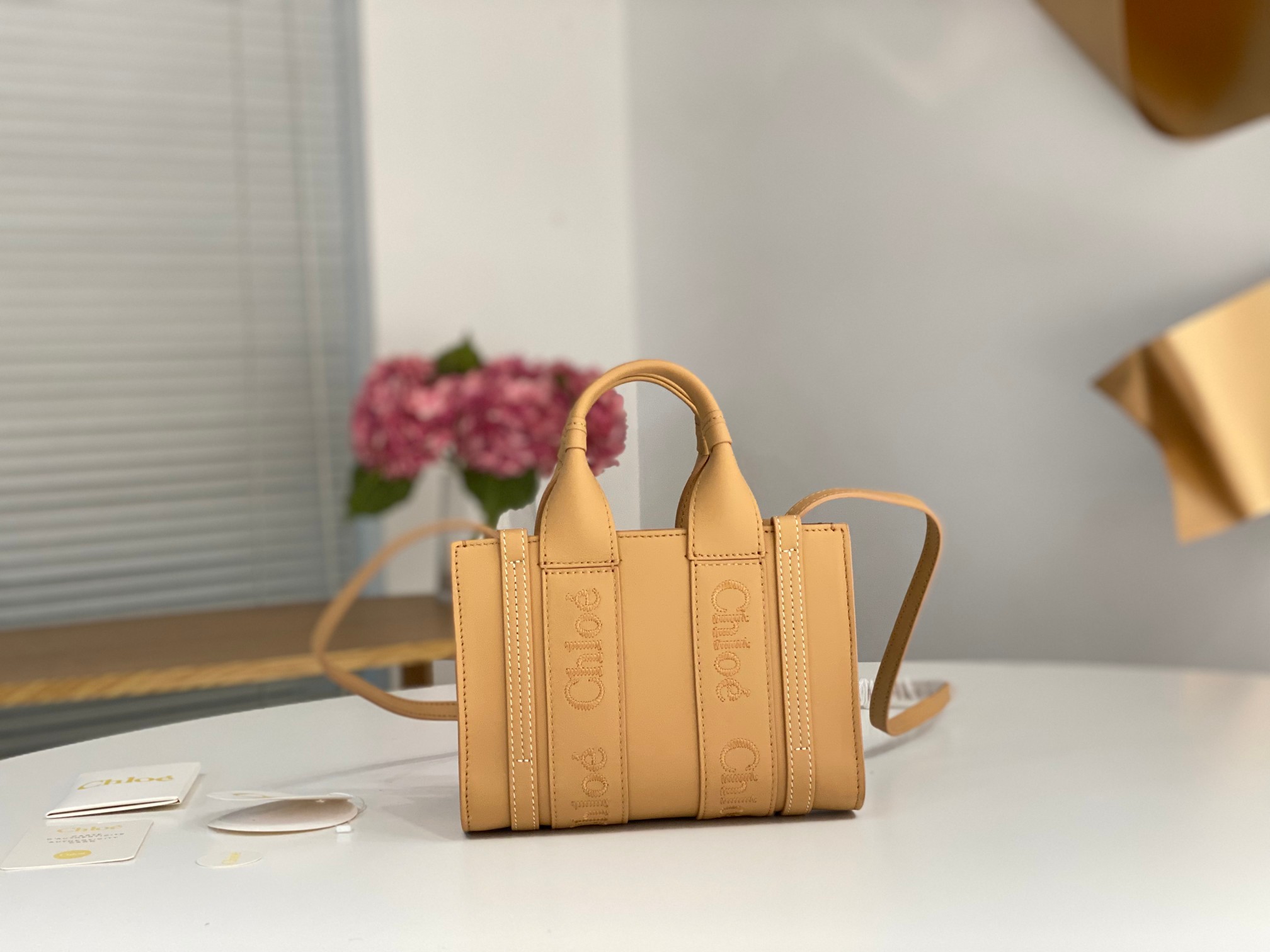 Chloe Mini Woody Tote Bag In Milky Brown Soft Smooth Calfskin Leather